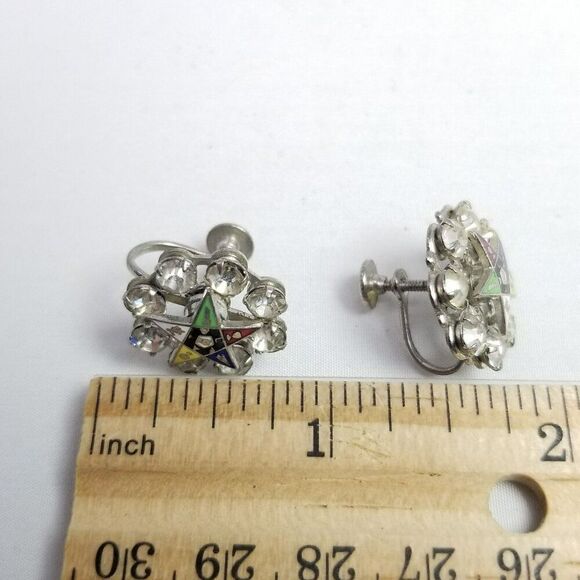 Vintage Masonic Eastern Star Rhinestone Enamel Clip On Earrings, Estate - Picture 4 of 6